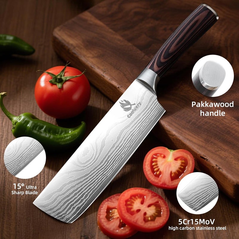 Cooluxry Nakiri Knife - Professional 7" Razor Sharp Meat Cleaver and Vegetable Kitchen Knife, Vegetable Chopping Knife, High Carbon Stainless Steel Blade with Ergonomic Handle - Image 5